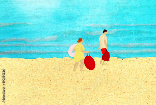 Ilustracja dwoje ludzi para kobieta mężczyzna na plaży, wakacje nad morzem.