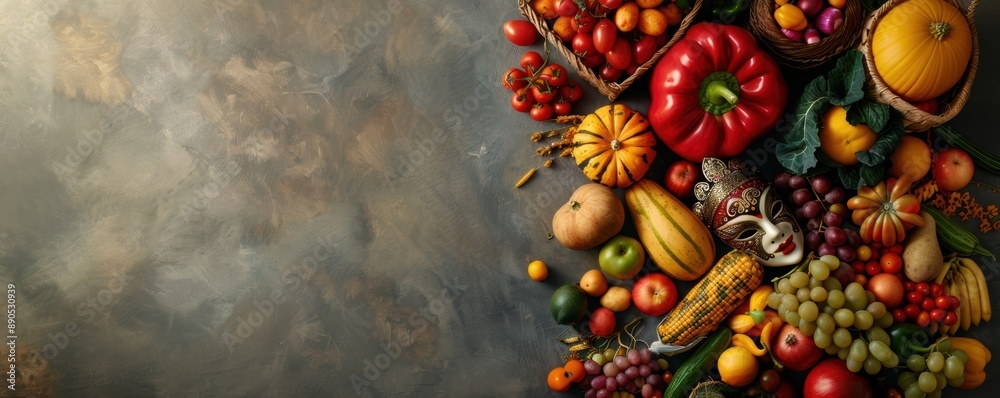 Harvest goddess wearing an ornate mask, surrounded by overflowing baskets of fruits and vegetables Harvest goddess wearing an ornate mask, surrounded by overflowing baskets of fruits and vegetables