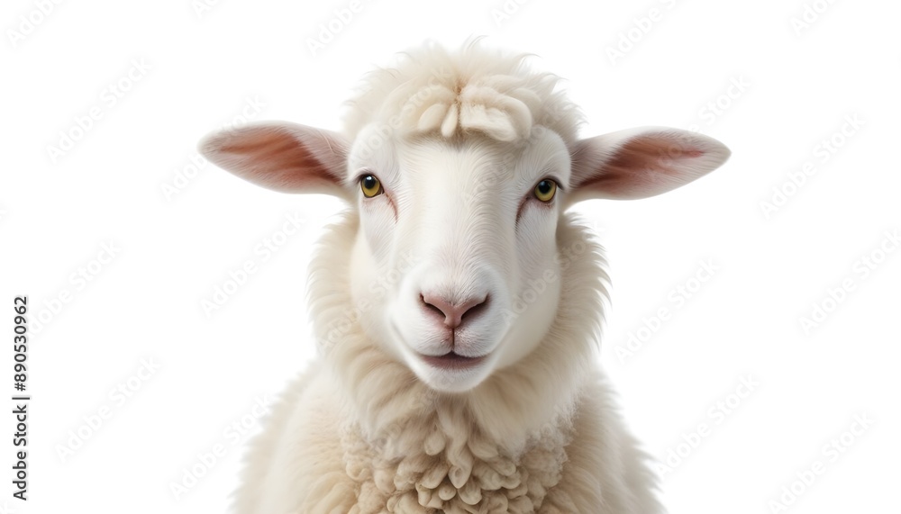 Fototapeta premium A close-up of a white sheep with a fluffy coat, featuring a gentle expression. The sheep has large, expressive eyes and small ears, with a light-colored face and a tuft of wool on its forehead. 