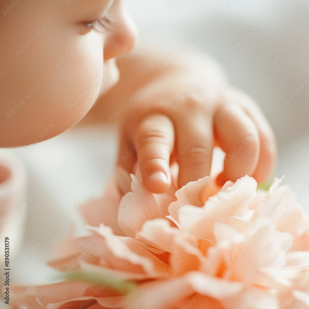 Closeup of toddlers hand gently touching a flower petal, shallow depth of field, vibrant colors, delicate toddler, gentle touch Closeup of toddlers hand gently touching a flower petal, shallow depth of field, vibrant colors, delicate toddler, gentle touch