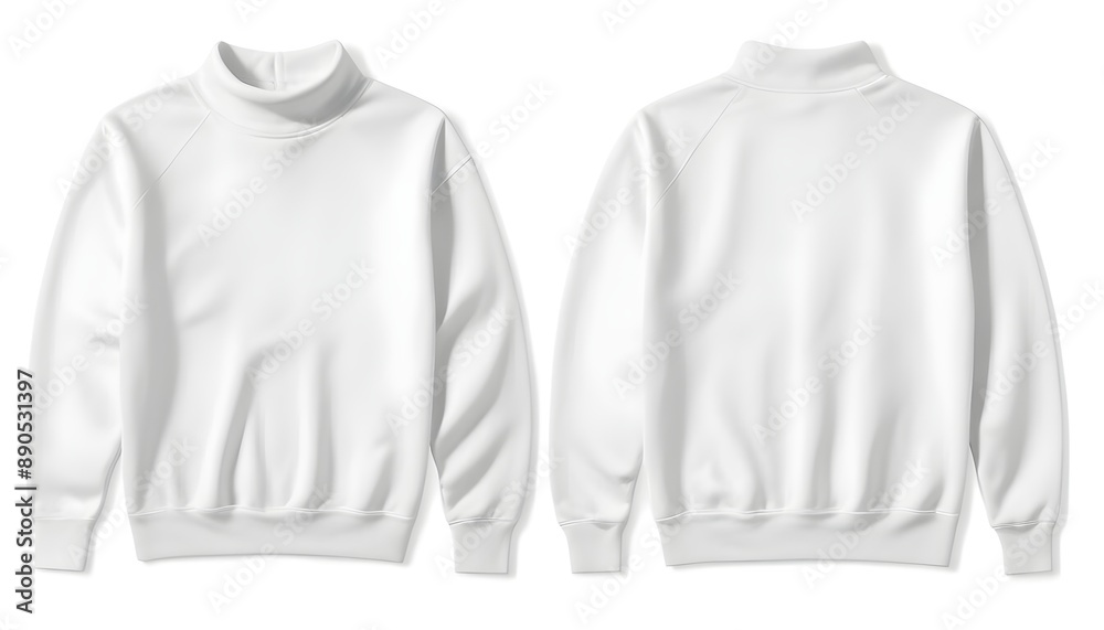 White sweatshirt with a high collar, featuring long sleeves and ribbed cuffs and hem, displayed from both the front and back views White sweatshirt with a high collar, featuring long sleeves and ribbed cuffs and hem, displayed from both the front and back views