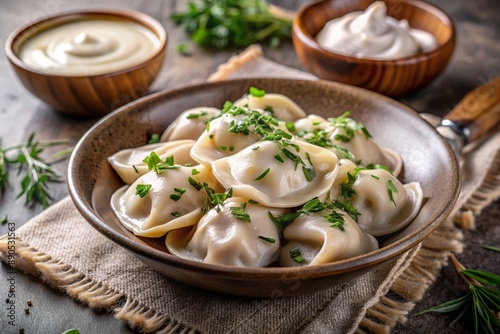 Russian cuisine. Dumplings in a ceramic bowl with sour cream and herbs.