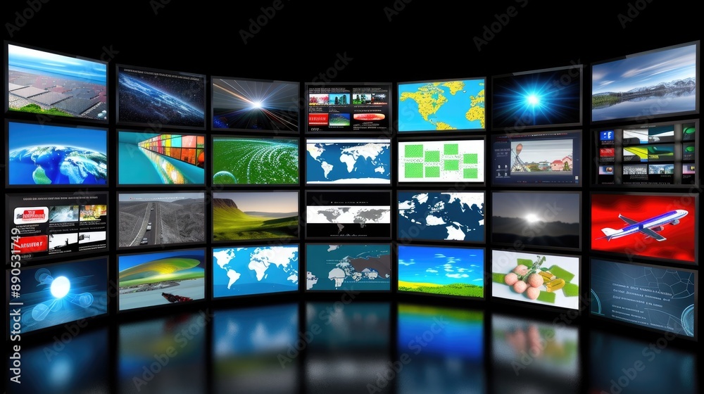 Hundreds of digital screens are arranged on a curved wall in a dark room. Each screen displays a different image, creating a dynamic and colorful display Hundreds of digital screens are arranged on a curved wall in a dark room. Each screen displays a different image, creating a dynamic and colorful display