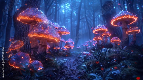 Enchanted forest with glowing mushrooms and mystical creatures, showcasing a magical and otherworldly scene photo