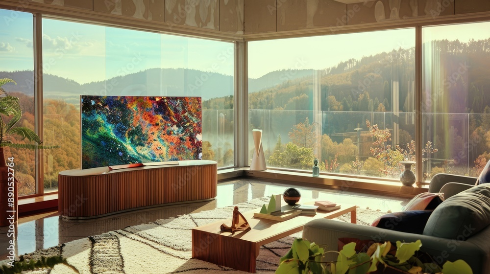 Fototapeta premium A modern living room with a flat-screen television on a wooden entertainment center. The TV is displaying a scenic image of trees and water.