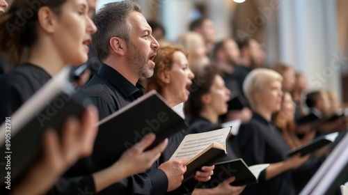 A group of choir members singing during a performance, holding sheet music and dressed in formal attire, in a church or concert hall.