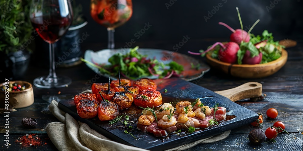 Delicious grilled seafood, including shrimp and tomatoes, served with a fresh mixed salad and a glass of wine. Delicious grilled seafood, including shrimp and tomatoes, served with a fresh mixed salad and a glass of wine.