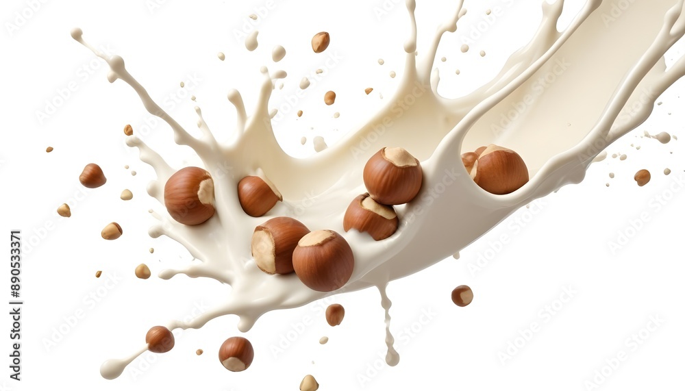 Fototapeta premium Hazelnuts splashing in a stream of creamy liquid, with droplets and splashes creating a dynamic effect against a white background