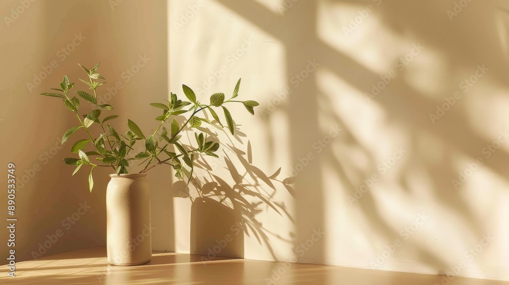 A vase of salvia sits on a table in a sunlit room, casting long shadows on the wall A vase of salvia sits on a table in a sunlit room, casting long shadows on the wall