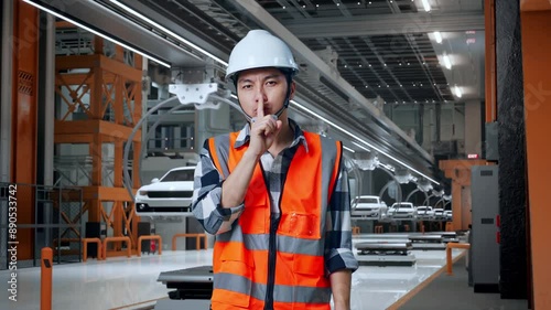 Wallpaper Mural Asian Male Engineer With Safety Helmet Making Shh Gesture While Standing In EV Car Factory Torontodigital.ca