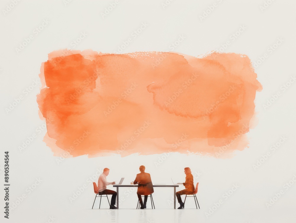 Watercolor scene of a group brainstorming around a table, representing ...