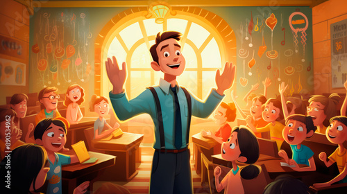 Engaging Teacher Enthralls Classroom of Excited Students on First Day