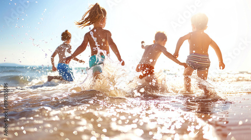 Group of children playing on beach and splashing in the ocean waves.