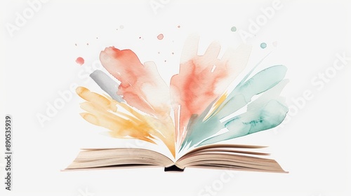 Watercolor painting of an open book with colorful illustrations, symbolizing a learning mindset and knowledge growth, vibrant and inviting