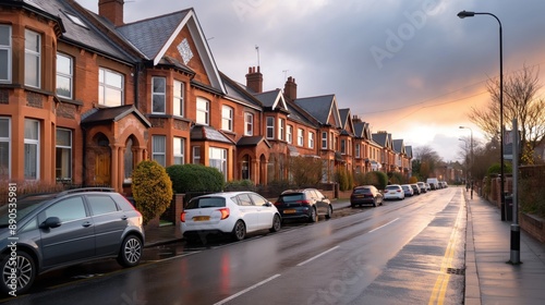 Suburban street with rows of brick houses, parked cars, and a wet road at sunset.