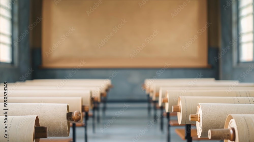 Obraz premium Empty classroom with wooden desks, windows, and blackboard. Classic academic setting in natural light. Traditional education environment.