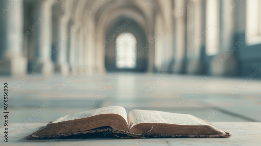Open book in a quiet, grand hallway with soft natural light casting shadows. Perfect for themes of knowledge, solitude, and study. Open book in a quiet, grand hallway with soft natural light casting shadows. Perfect for themes of knowledge, solitude, and study.