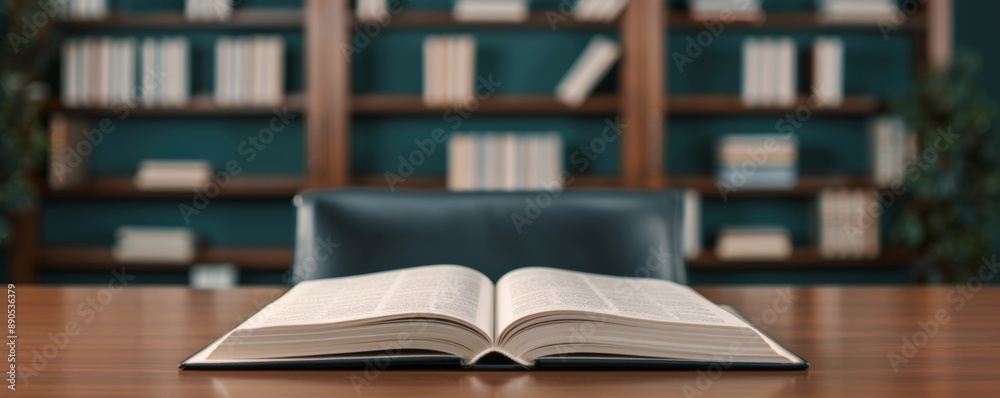 Fototapeta premium Open book on a desk in front of a bookshelf filled with books, creating a scholarly and educational atmosphere perfect for study or research.