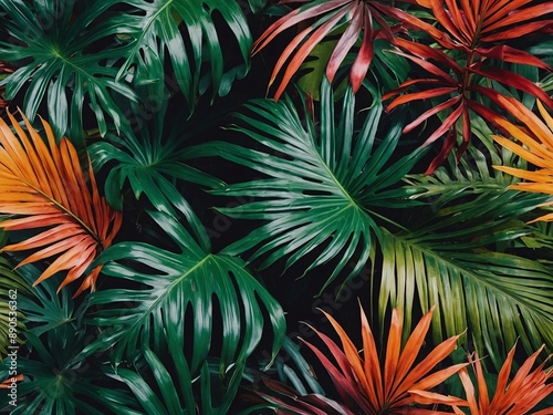 Colorful exotic palm leaves on a tropical backdrop, perfect for flat lay fashion