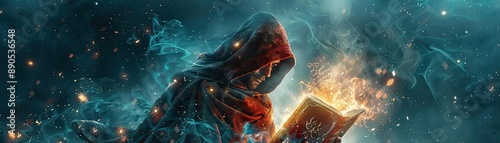 Mysterious sorcerer holding a glowing tome, illustrating arcane knowledge and power photo