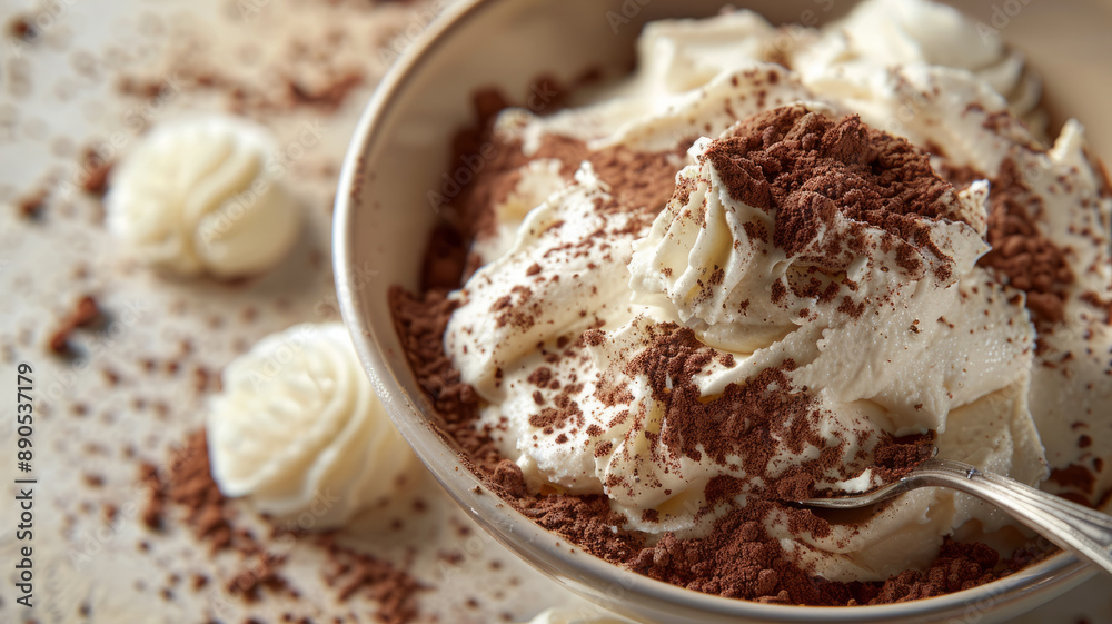 Bowl of whipped cream topped with cocoa powder. Bowl of whipped cream topped with cocoa powder.