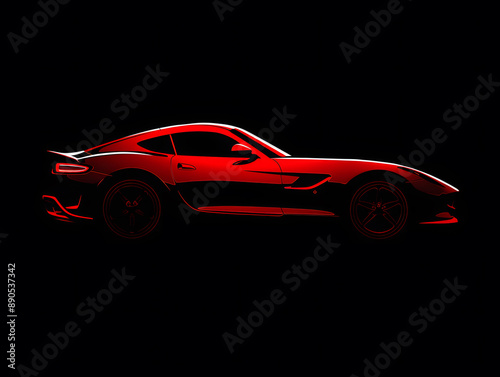 Silhouette of a red car on a black background. Neural network AI generated art