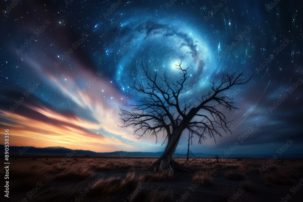 A tree is standing in a field of grass with a starry sky above it. The sky is filled with stars and the tree is bare, giving the scene a sense of loneliness and emptiness