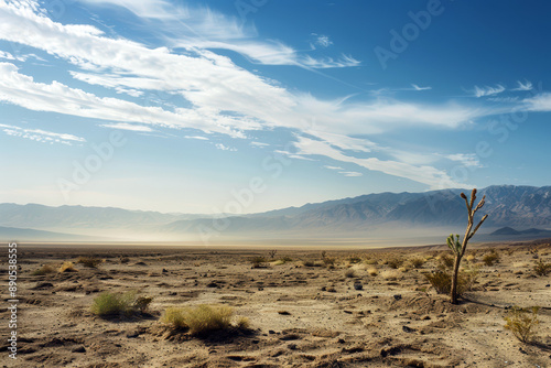 A desert landscape with a lone tree in the middle. The sky is clear and blue, and the sun is shining brightly. Scene is peaceful and serene, with the lone tree standing out against the vast