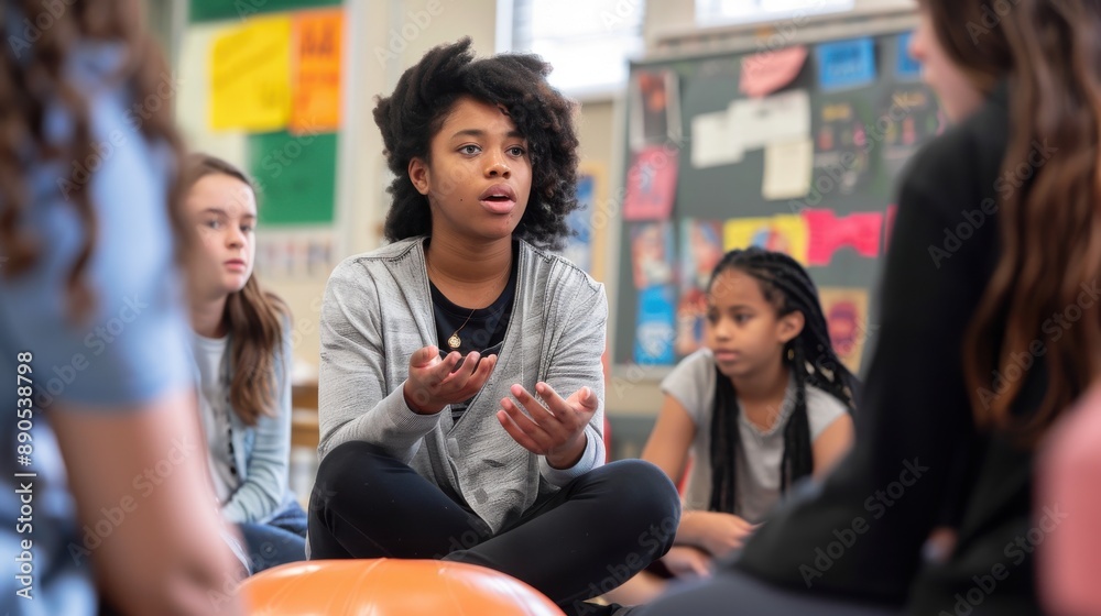 Obraz premium Engaging Current Events Discussion in Classroom Setting with Educator and Diverse Group of Students Sharing and Debating News Articles