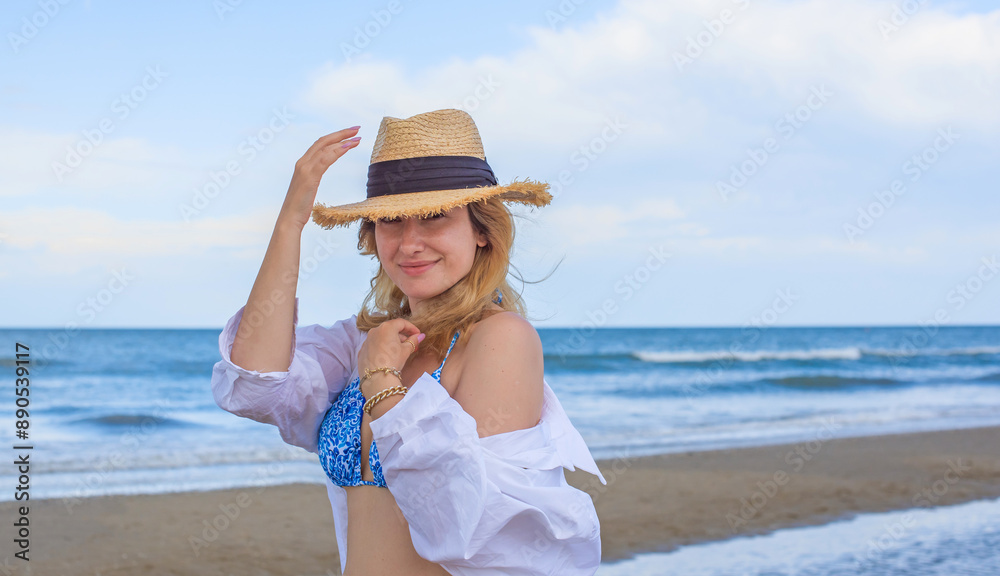 Natural woman's beauty concept. Lady at the beach in romantic feminine style Natural woman's beauty concept. Lady at the beach in romantic feminine style