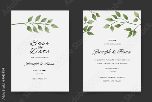 beautiful wedding invitation card. minimalism watercolor leaves invitation card design