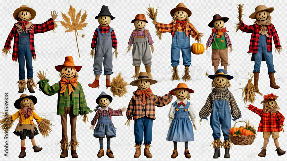 Set of scarecrow illustrations with transparent background, perfect for Halloween-themed designs and graphic templates.
Set of scarecrow illustrations with transparent background, perfect for Halloween-themed designs and graphic templates.