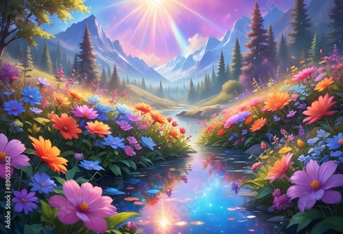 Serene and vibrant outdoor landscape with a stunning, colorful floral array in the foreground, iridescent style, bright and reflective atmosphere light effects, holographic background