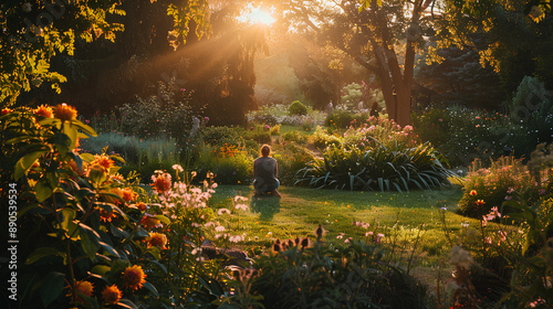 Person Tending to Flowers in a Tranquil Garden with Vibrant Blooms and Golden Hour Light photo