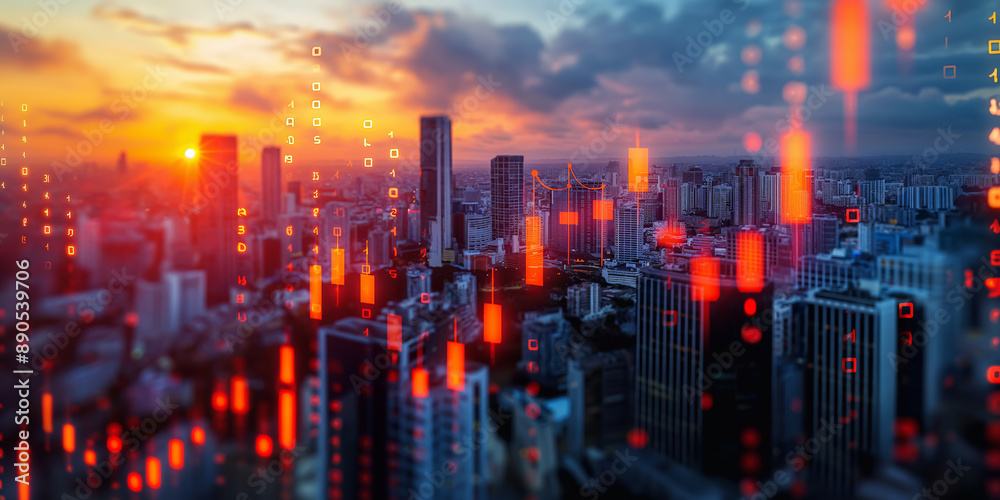 Fototapeta premium Data-Infused Twilight: The Intersection of Urban Life and Financial Markets