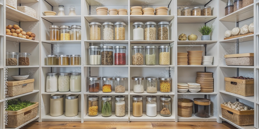 A Chic Pantry with Perfectly Organized Shelves and Practical Labeled Containers AI-Generated Content A Chic Pantry with Perfectly Organized Shelves and Practical Labeled Containers AI-Generated Content