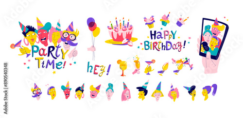 Joyful Birthday Party Background set with Fun colorful Characters and Typography for Party Decor and Social Media. Vector illustration, flat style design vibrant colors