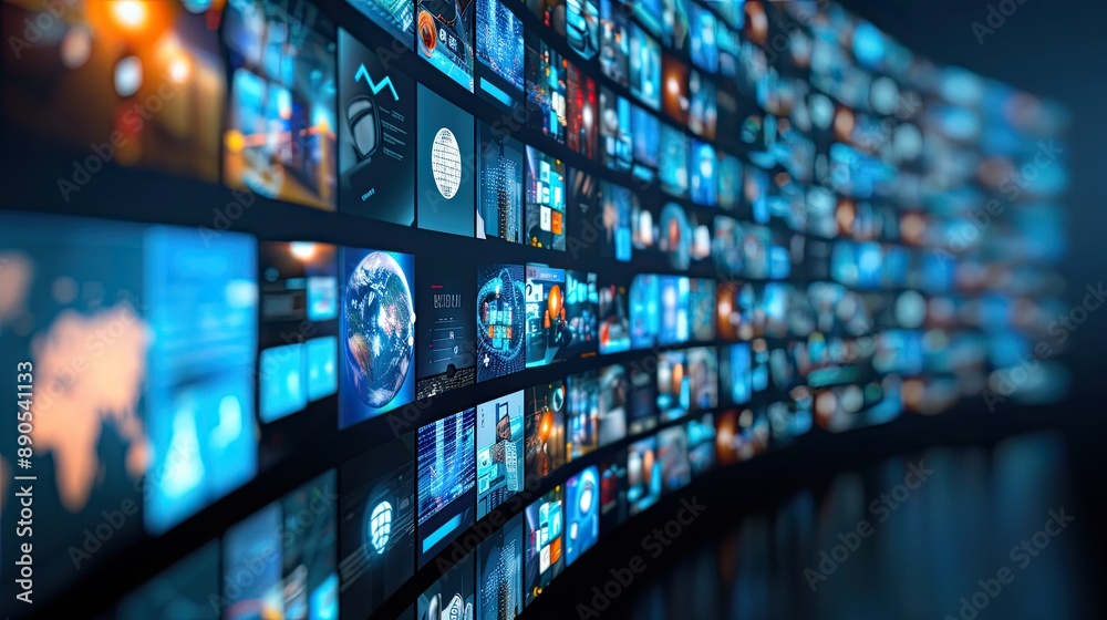 A wall of digital screens displays a variety of data and images, including a world map, charts, and other visual information A wall of digital screens displays a variety of data and images, including a world map, charts, and other visual information