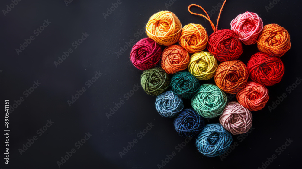 Colorful yarn arranged in a heart shape on a black background. Colorful yarn arranged in a heart shape on a black background.