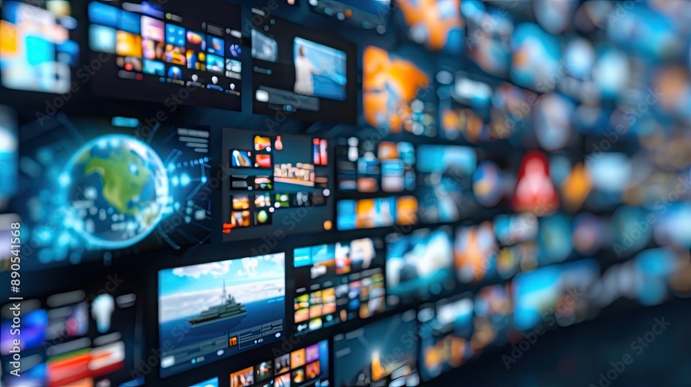 A wall of digital screens displays a variety of data and images, including a world map, charts, and other visual information A wall of digital screens displays a variety of data and images, including a world map, charts, and other visual information