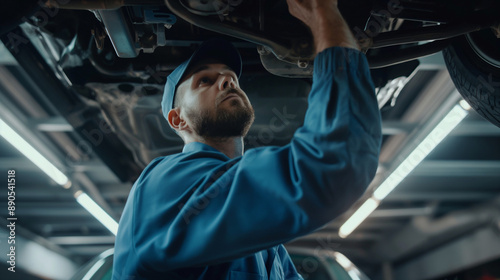 Car mechanic worker wearing a blue uniform and a cap, standing under the car in a modern garage room, and repairing or fixing automobile vehicle parts. Technician service and maintenance occupation