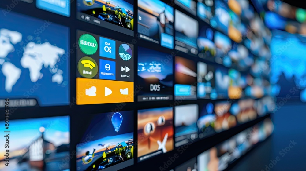 A wall of digital screens displays a variety of data and images, including a world map, charts, and other visual information A wall of digital screens displays a variety of data and images, including a world map, charts, and other visual information