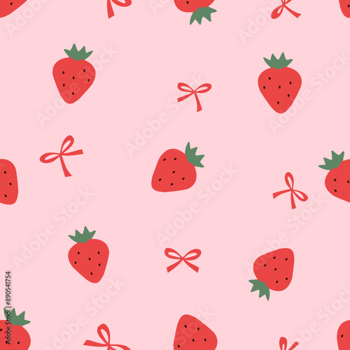 Seamless pattern of strawberry with green leaves and ribbon bow on pink background vector.