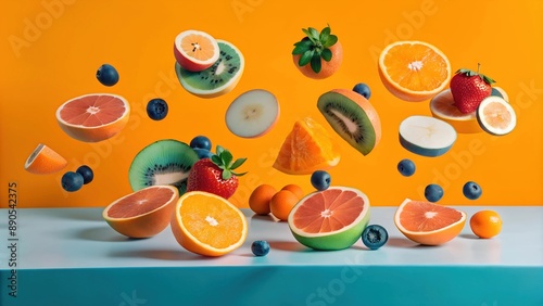 Pieces of fresh mixed fruits falling in flight, on an orange and turquoise background. Close-up of berries in motion, whole juicy fruits and pieces, dynamic fruit background. Vitamin explosion