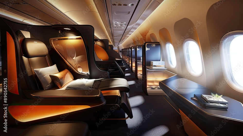 Luxurious business class seats with adjustable privacy partitions on an airplane. Luxurious business class seats with adjustable privacy partitions on an airplane.