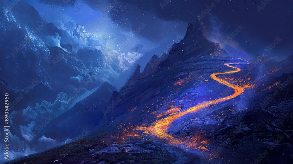 Pathway glowing in the dark, winding up to a mountain top. Pathway glowing in the dark, winding up to a mountain top.