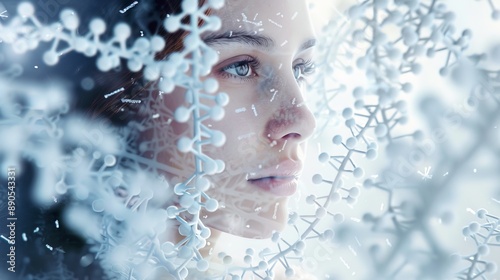 Portrait of sensual woman among white DNA chains
