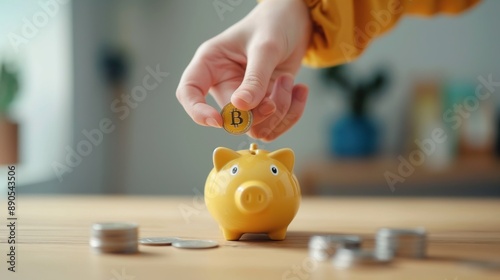 Hand placing a Bitcoin coin into a yellow piggy bank on a wooden table with coins around, in an indoor setting.