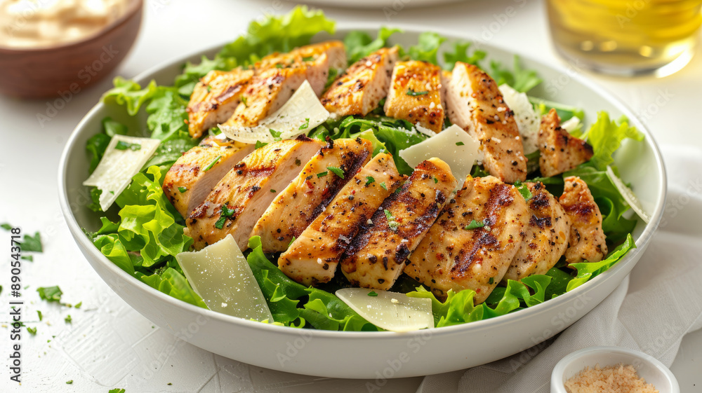 Grilled chicken breasts on a fresh lettuce salad with parmesan. Grilled chicken breasts on a fresh lettuce salad with parmesan.