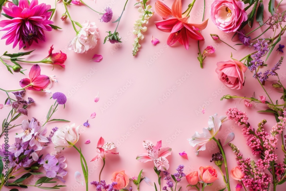 A pink background with various flowers on the edges A pink background with various flowers on the edges
